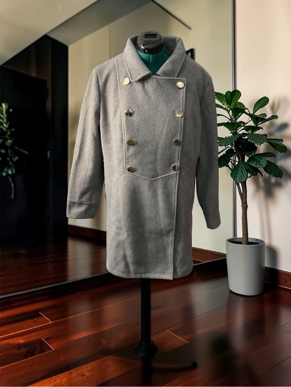 Gray Double-Breasted Pea Coat with Gold Buttons P:24.5” L:37”